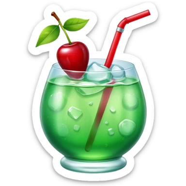 Create an emoji with a very clear rounded glass and ice, bright transparent green soda , a smooth vanilla scoop circle shape, a glossy red cherry, using vibrant colors, soft shading, and clear glass highlights.
 sticker