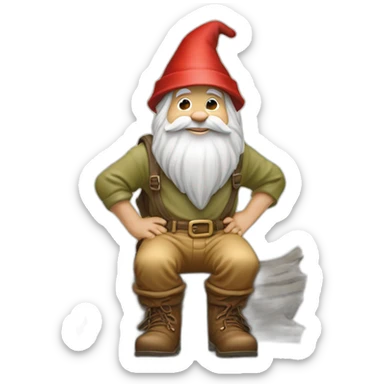 side view of gnome with light tan pants and light tan boots squatting in front of small brown log sticker