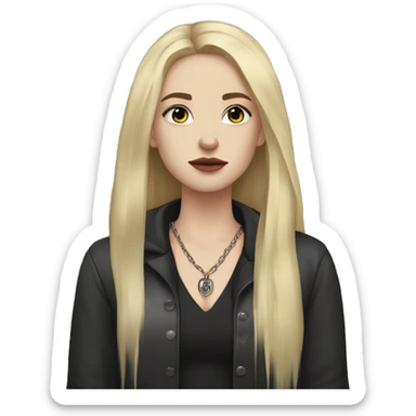 Pale-skinned person with long wet blonde hair, black streaked eye makeup, sharp features, and a melancholic, mysterious look. Dark clothing, deep neckline, and a pendant necklace. sticker