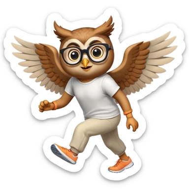 friendly anthropomorphised owl with wings instead of arms, in pants and a shirt, wearing glasses, jogging upright, standard pose sticker