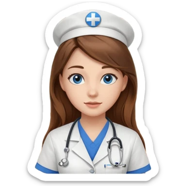 inside a classroom at university that says nursing school on the board with a pretty female nursing student with long brown hair, blue eyes sticker