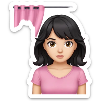 White girl with chest length black wavy hair with curtain bangs, gray eyes, wearing a pink top sticker