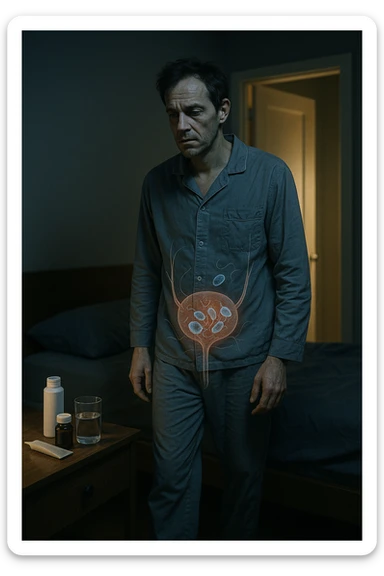 A cinematic night scene showing a man in his late 30s walking stanco verso il bagno in penombra, con la luce fioca che filtra da sotto la porta. Indossa abiti da notte sgualciti, ha un’espressione stanca e il volto scavato dalla mancanza di sonno. Sul comodino accanto al letto ci sono creme mediche, integratori e un bicchiere d’acqua. Una leggera sovrapposizione simbolica mostra, in trasparenza sul corpo, un’area anatomica maschile con presenza di microrganismi parassitari (raffigurati in stile medico-scientifico, non grottesco). Il contrasto visivo fa capire che la causa della nicturia è interna e nascosta, non visibile all’occhio umano. Illuminazione fredda, stile 35mm con profondità emotiva e sottile tensione clinica. sticker