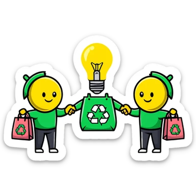 a lightbulb and a battery holding hands, each with recycling bags, walking to recycle sticker