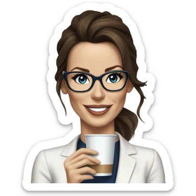 Hyper Realistic Kate Beckinsale dark blue eyes wearing glasses in a business dress drinking coffee happy  sticker