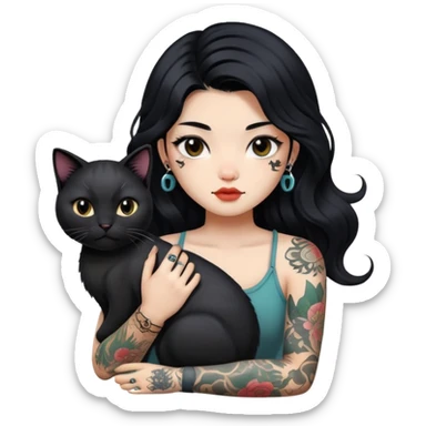 a Chinese girl with long black  Big Wave hair and tattoos and a black round faced cat sticker