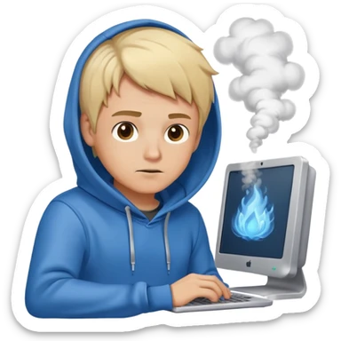 Typing fast ,Blond man with brown eyes blue hoodie,coding, smoke coming from computer, cartoon style sticker