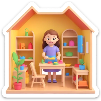 smiling girl arranging furniture in doll house sticker