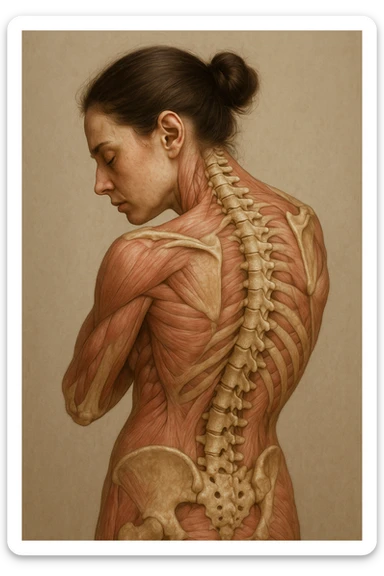 CORPO UMANO ANATOMICO di una donna di profilo con spalle chiuse e postura incurvata, spina dorsale in evidenza, IPERREALISTICO 4K sticker
