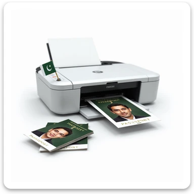 realistic thumbnail image for a Pakistani passport size photo print out service, showing a modern printer with several sheets of passport size photos and a stack of printed photos in the foreground, with a green accent or small Pakistani flag, white background sticker
