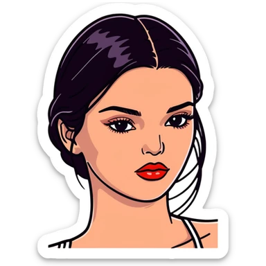 Kendall Jenner, fashion icon, elongated face, plump lips with glossy lipgloss shine sticker