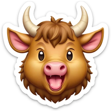 Cinematic Cute Yawning Domestic Ox Portrait Emoji, Head tilted slightly with a dramatic, wide-open yawn, showcasing a soft, textured hide with drooping horns and half-closed, drowsy eyes, Simplified yet irresistibly adorable features, highly detailed, glowing with a soft, cozy natural glow, high shine, relaxed yet expressive, stylized with a dash of pastoral whimsy, soft glowing outline, capturing the essence of a sleepy yet affectionate ox that seems ready to stretch out for a nap! sticker