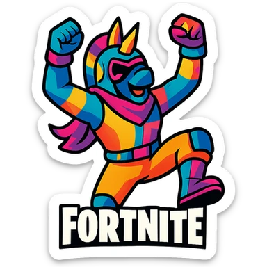Fortnite character in a victory pose, colorful and energetic sticker