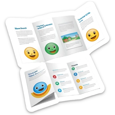 tri-fold brochure opened, with simple layout lines and image placeholders. sticker