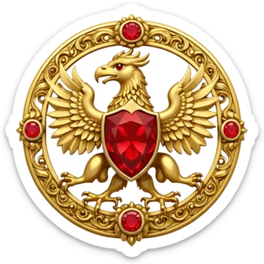 Golden griffin crest / brosch in a circle with red gems and no background sticker