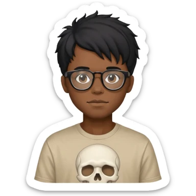black anime hair guy with skeleton makeup. wearing a stussy tshirt with glasses sticker