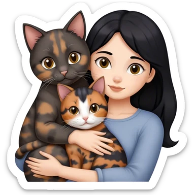 girl with black hair hugging three cats  (tortie cat, full gray cat, brown calico cat) sticker