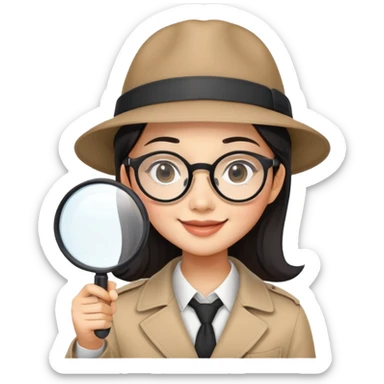 asian girl with large square rectangular black glasses smiling and wearing a detective hat holding a magnifying glass sticker