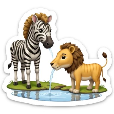 zebra and lion drinking water from pond sticker