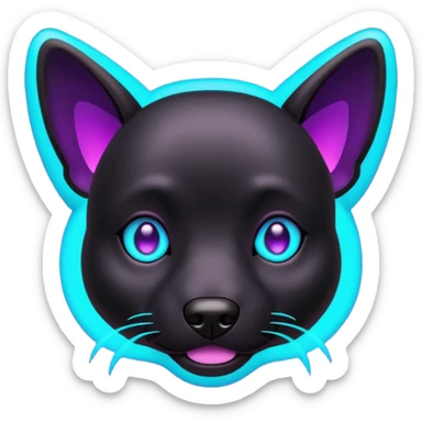futuristic glowing black dog emoji, neon cyan eyes, purple #8B5CF6 highlights, tech minimal style, dark background sticker