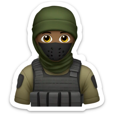 male, tall, white skin, black mask, green camo tactical gear, combat boots, black beanie, hazel eyes sticker