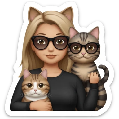 a single white woman with long light brown ombre hair past shoulders, wearing black clothes, smirking, very opaque black sunglasses, standing next to a chubby grey tabby cat with tabby stripes, also smirking and wearing very opaque black sunglasses, both centered together, simple neutral background sticker