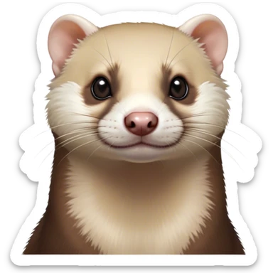Cinematic Noble Ferret Portrait Emoji, Poised and dignified, with a sleek, elongated body and a distinct ferret head featuring a pointed snout, small, rounded ears, and intelligent, beady eyes, covered in soft, sleek fur with natural brown and cream hues, Simplified yet sharp and sophisticated features, highly detailed, glowing with a warm, natural glow, high shine, exuding an air of quiet confidence, focused and watchful, soft glowing outline, capturing the essence of a clever and majestic ferret that feels as though it could leap from the screen with effortless grace! sticker