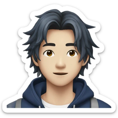 17 year old japanese guy with black slightly long hair wears silver necklace with a skateboard pendant, he's wearing a dark blue shirt with the Ω symbol in white on it sticker