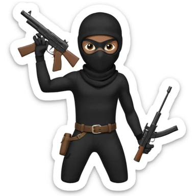 A young African male wearing a ski mask in full black clothing, holding a micro Draco gun in the air carelessly sticker