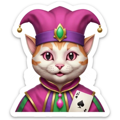 court jester cat medieval, single poker card joker clearly visible, pink, face only, round badge,  court jester cap sticker