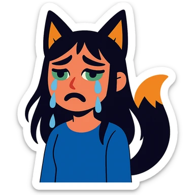 A girl with tears, black fox ears, and a tail, green eyes, dark hair sticker