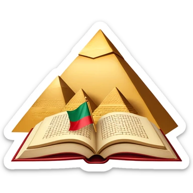 An icon featuring the Pyramids of Giza and the flag of an Arabic-speaking country, symbolizing the Arabic language. The design includes an open book with Arabic script and calligraphy, representing language learning and cultural heritage. Transparent background sticker