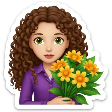 light skinned brunette long curly haired girl with green/hazel eyes holding big bright bunch of flowers. White background. sticker