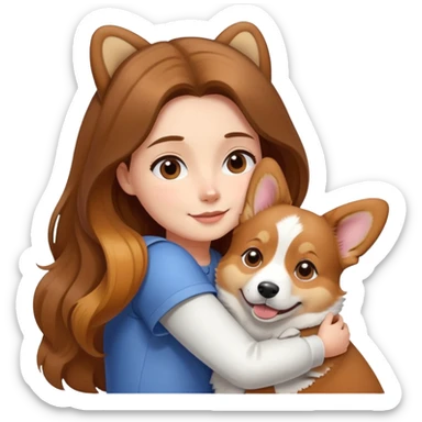 Girl with long brown hair hugs a corgi dog sticker