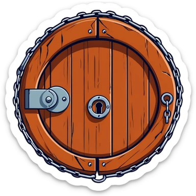 A rusty chain wrapped tightly around a round wooden hobbit-style door with a large padlock sticker