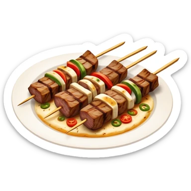 Cinematic Realistic Souvlaki Dish Emoji, showcasing skewered, grilled meat with Mediterranean spices rendered with dynamic textures and warm, appetizing lighting. sticker