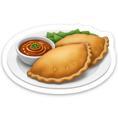 Cinematic Realistic Colombian Cornmeal Empanadas Emoji, showcasing the golden, crispy shell filled with savory meats and spices, served with a side of aji dipping sauce, rendered with vibrant textures and warm, inviting lighting. sticker