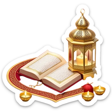 beautifully serene Ramadan-themed setup featuring an open Quran placed on a rich red prayer mat, accompanied by a glowing ornate lantern. String lights with hanging lanterns and stars illuminate the background, creating a peaceful and spiritual ambiance. sticker