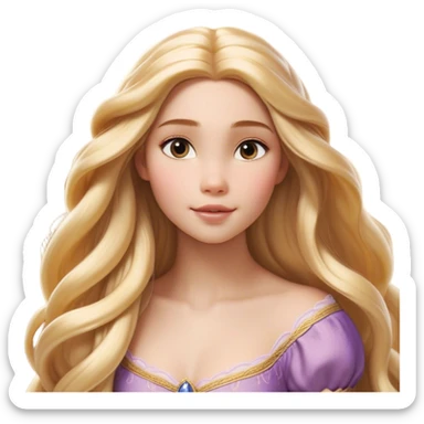 Cinematic Realistic Rapunzel Portrait, with porcelain-like skin featuring a subtle, natural glow, illuminated by soft lighting that brings out the gentle contours of her face. Her long, golden blonde hair cascades in detailed waves, each strand highlighted with a radiant shimmer as it catches the light. Her bright, expressive green eyes exude curiosity and warmth, framed by delicate lashes and soft, arched brows. Her expression is playful and vibrant, with a gentle smile. She is dressed in her classic lavender and pink gown, the fabric textured with delicate folds that flow naturally, catching the light with a soft, radiant glow. The portrait captures a luminous, enchanting aura, seamlessly blending realism with a whimsical, fairytale charm, evoking a timeless sense of beauty and magic. sticker