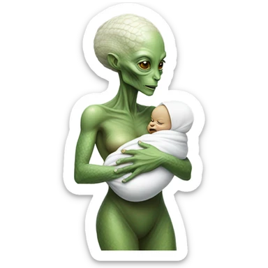  Reptilian alien woman , full body,  holds a newborn white humman baby sticker