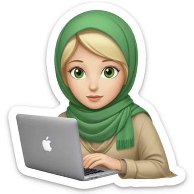 blond women skine , with green eyes , with scarf hijab . with macbook sticker