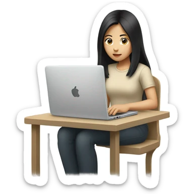 Asian beautiful girl, beige t-shirt, with long black hair, typing on laptop sticker