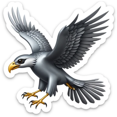 Emoji-style icon of a large metallic predatory bird flying, sharp wings, steel texture, dramatic pose, no gold sticker