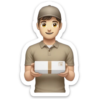 Pale skinned fit Man with dark brown hair in a beige cap, gray jeans and brown polo T-shirt keeping a pasted with tape white box into his hands sticker