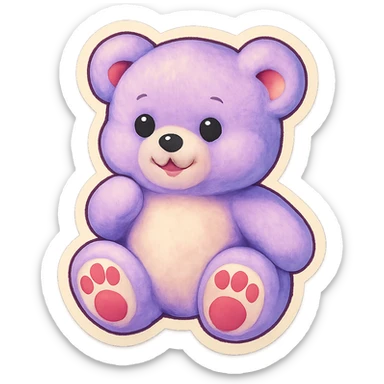 Remove the glitter effect from the purple and white teddy bear's fur, keep it soft and plush, no shadows, flat lighting, no background. sticker