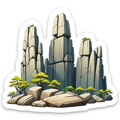 Kunming Stone Forest karst landscape Yunnan, simplified emoji style with bold outlines and bright colors, cartoon style tall rock formations sticker
