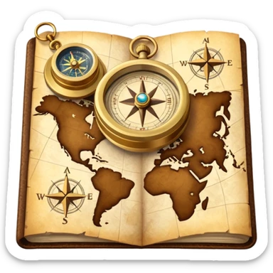 3D Brown golden map with Travel compass pointing to adventure sticker