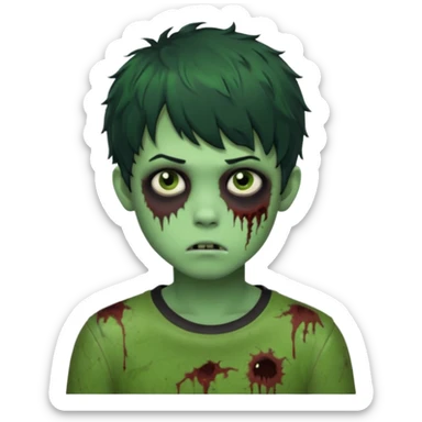 Boy, zombie, green skin, black, short and curly hair with bangs, round shaped hair, emo, ultra dark, bored expression with tired eyes  sticker
