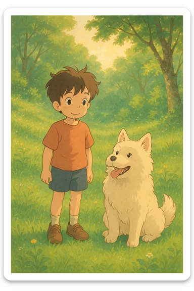 kid and his pet dog in studio ghibili style sticker