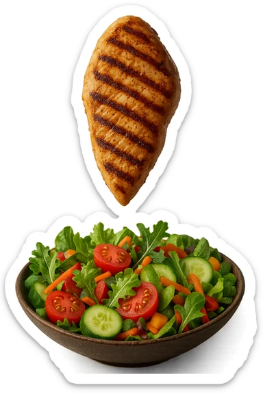INSALATA CON PETTO DI POLLO GRIGLIATO CHE CADE DALL'ALTO, IPERREALISTICO 4K sticker